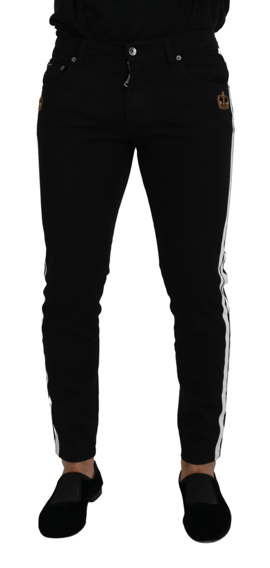 Black Cotton Crown Patch Skinny Denim Jeans