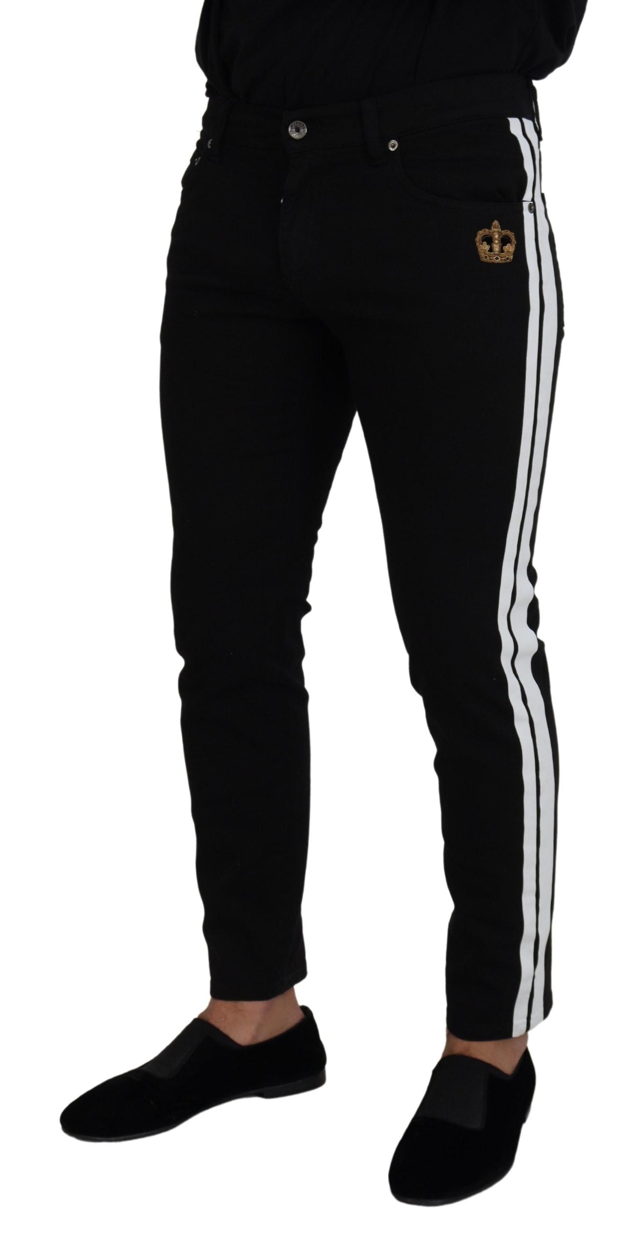 Black Cotton Crown Patch Skinny Denim Jeans