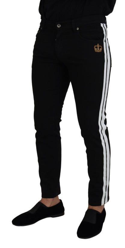 Black Cotton Crown Patch Skinny Denim Jeans