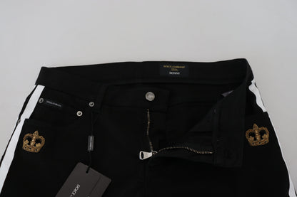 Black Cotton Crown Patch Skinny Denim Jeans