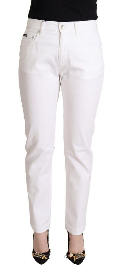 White Cotton Mid Waist Denim Tapered Jeans