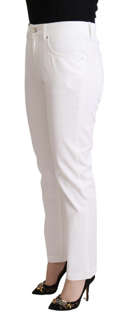 White Cotton Mid Waist Denim Tapered Jeans