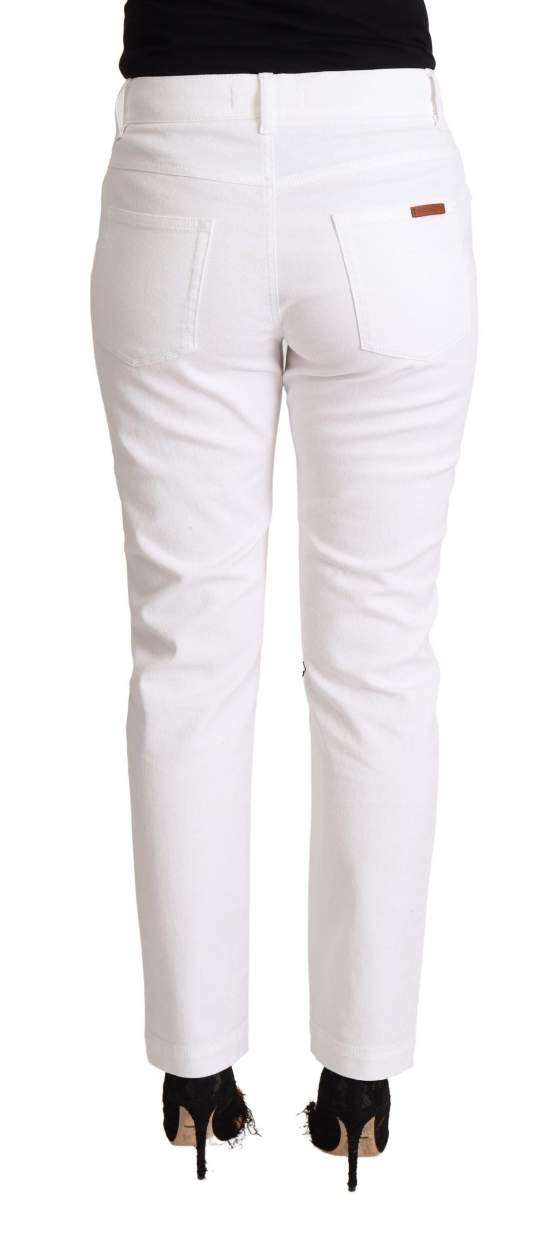 White Cotton Mid Waist Denim Tapered Jeans