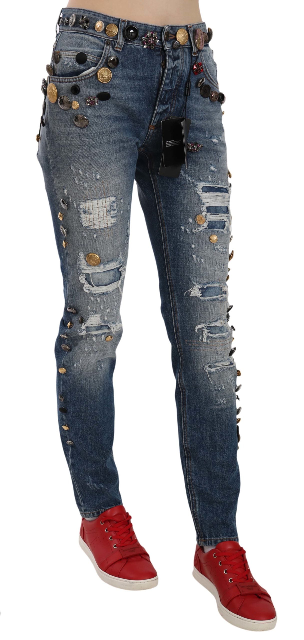 Distressed Embellished Buttons Denim Pants Jeans
