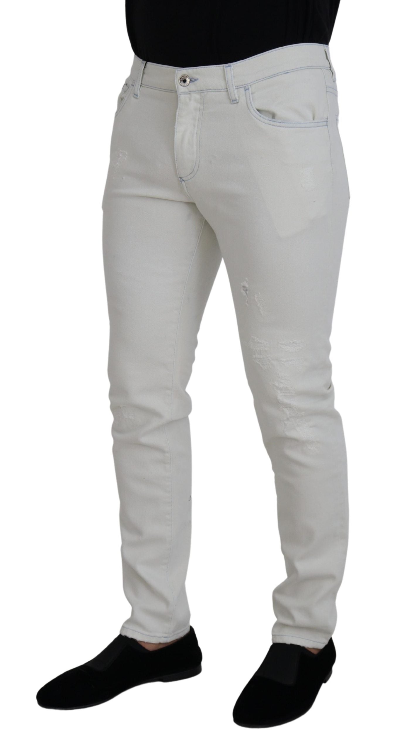 White Cotton Tattered Slim Fit Denim Jeans