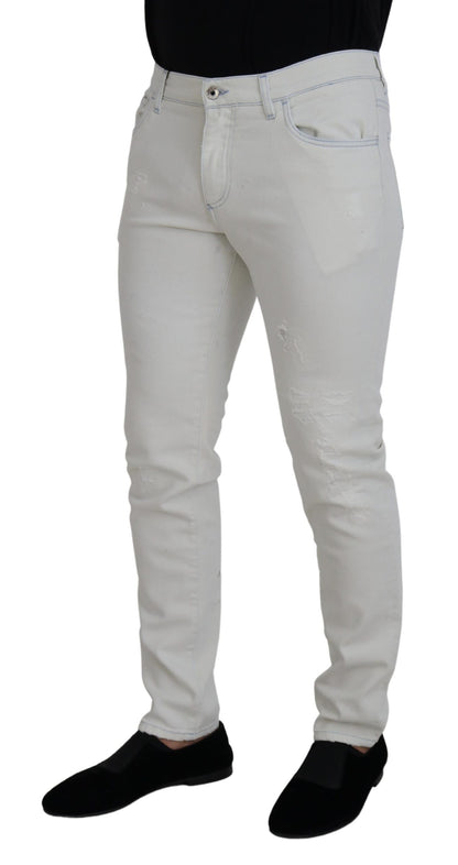 White Cotton Tattered Slim Fit Denim Jeans