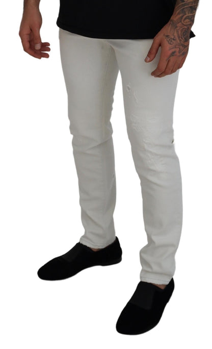 White Cotton Tattered Slim Fit Denim Jeans