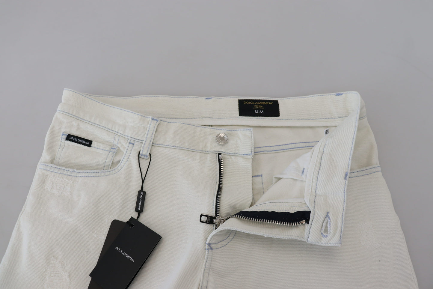 White Cotton Tattered Slim Fit Denim Jeans