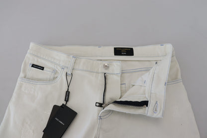White Cotton Tattered Slim Fit Denim Jeans