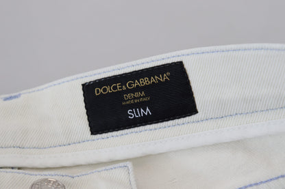 White Cotton Tattered Slim Fit Denim Jeans