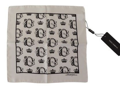White Silk DG Crown Print Square Handkerchief Scarf