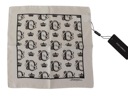 White Silk DG Crown Print Square Handkerchief Scarf