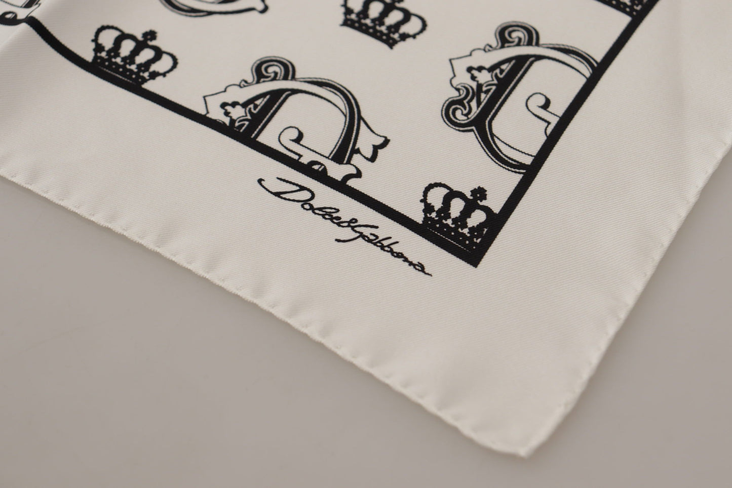 White Silk DG Crown Print Square Handkerchief Scarf