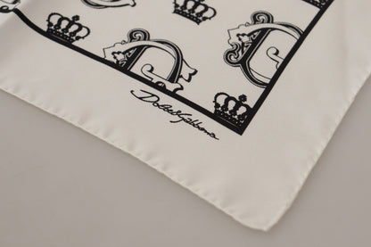 White Silk DG Crown Print Square Handkerchief Scarf