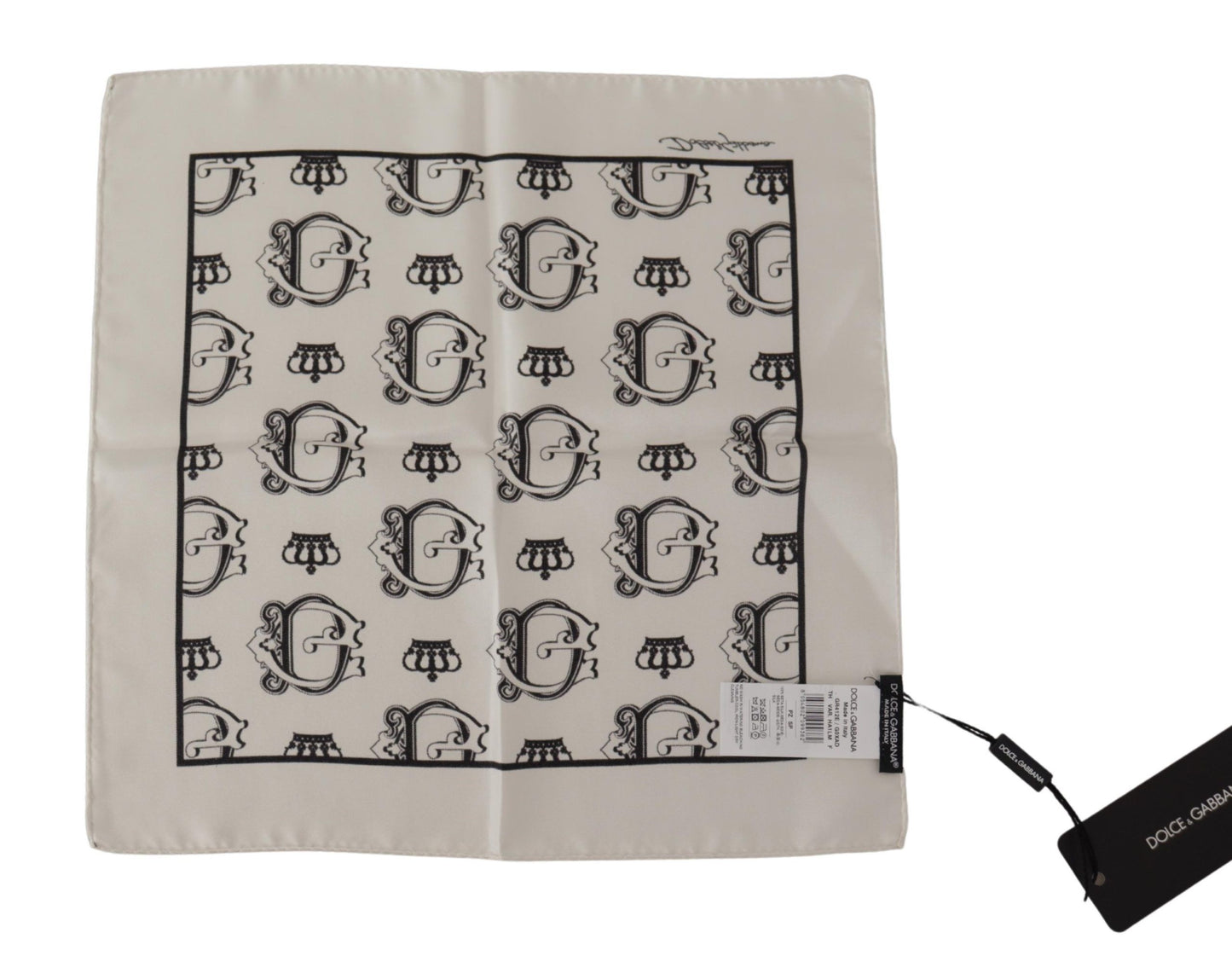 White Silk DG Crown Print Square Handkerchief Scarf