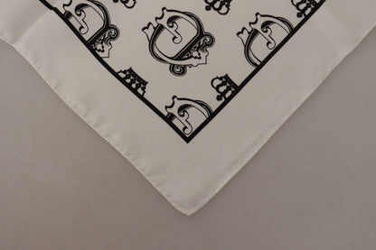 White Silk DG Crown Print Square Handkerchief Scarf