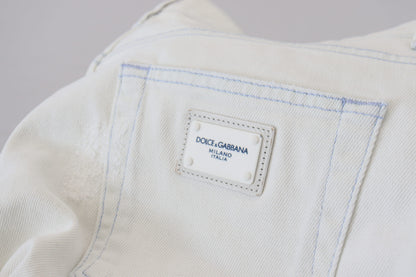 White Cotton Tattered Slim Fit Denim Jeans