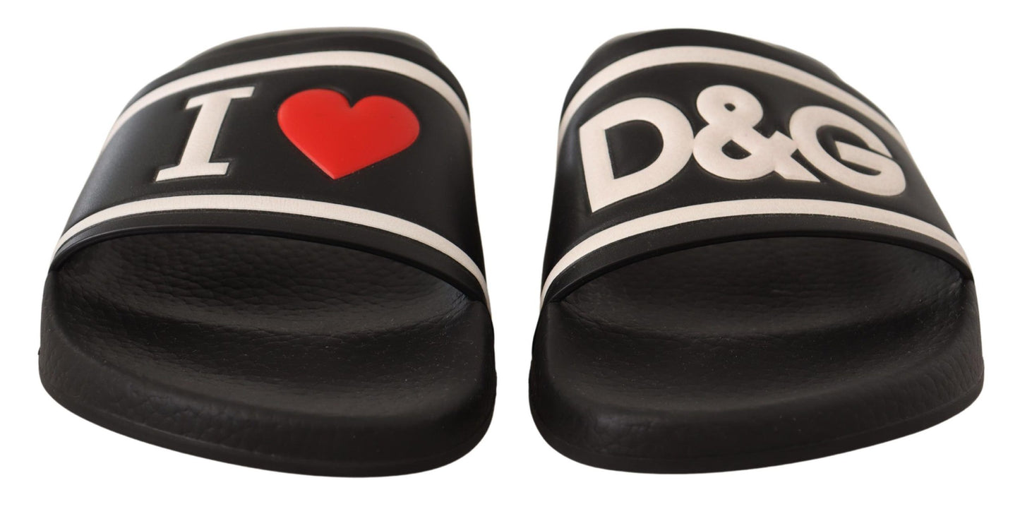 Black Leather I Love D&G Slides Sandals