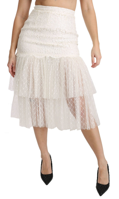 White Lace Layered High Waist Midi Cotton  Skirt