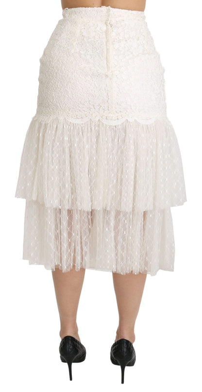 White Lace Layered High Waist Midi Cotton  Skirt
