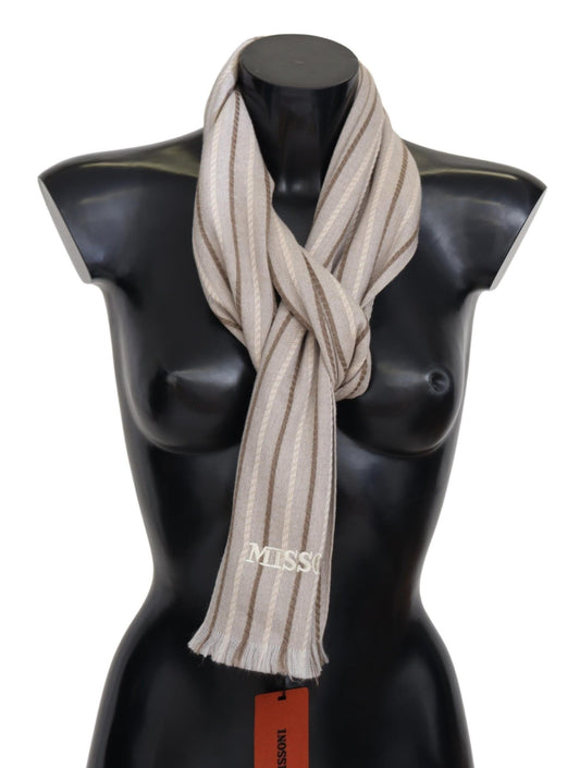 Beige Striped Wool Unisex Neck Wrap Scarf
