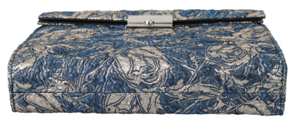 Blue Silver Jacquard Leather Document Briefcase Bag