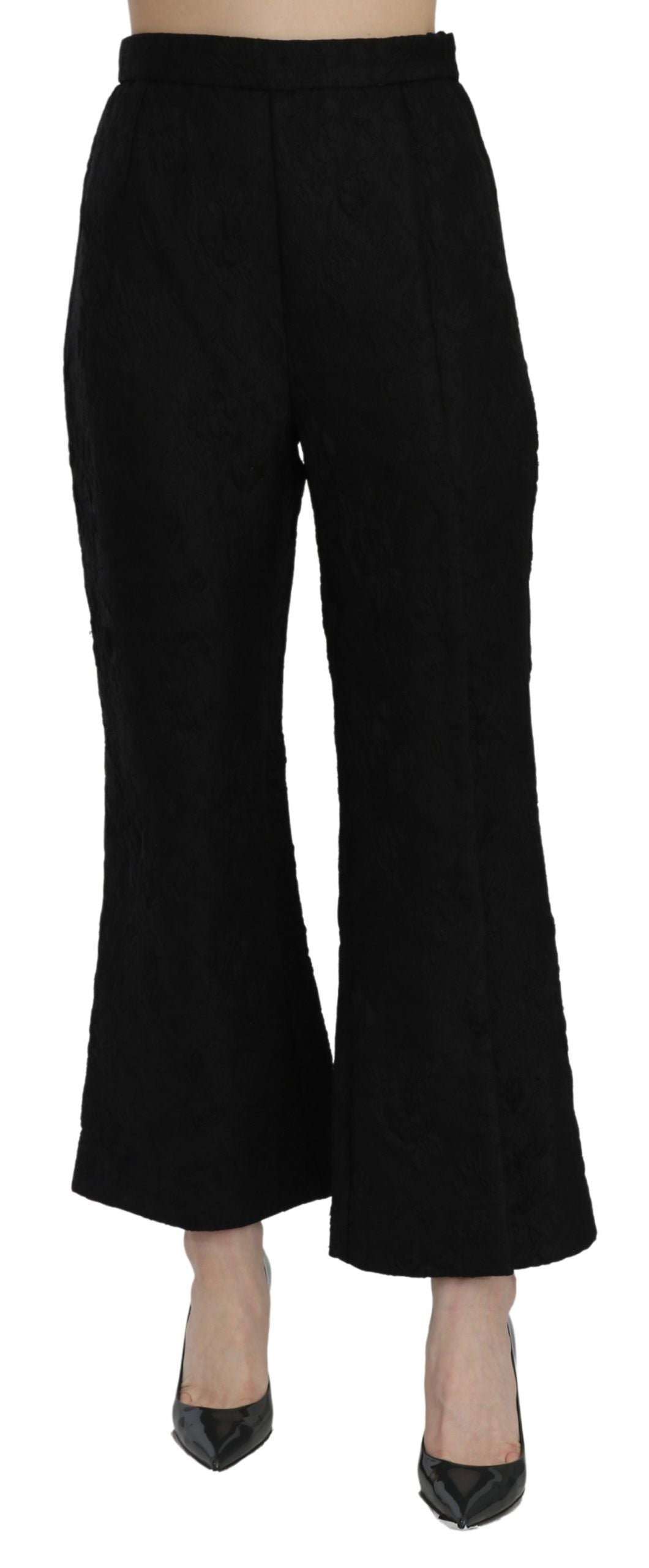 Black High Waist Flared Cropped Brocade Pants