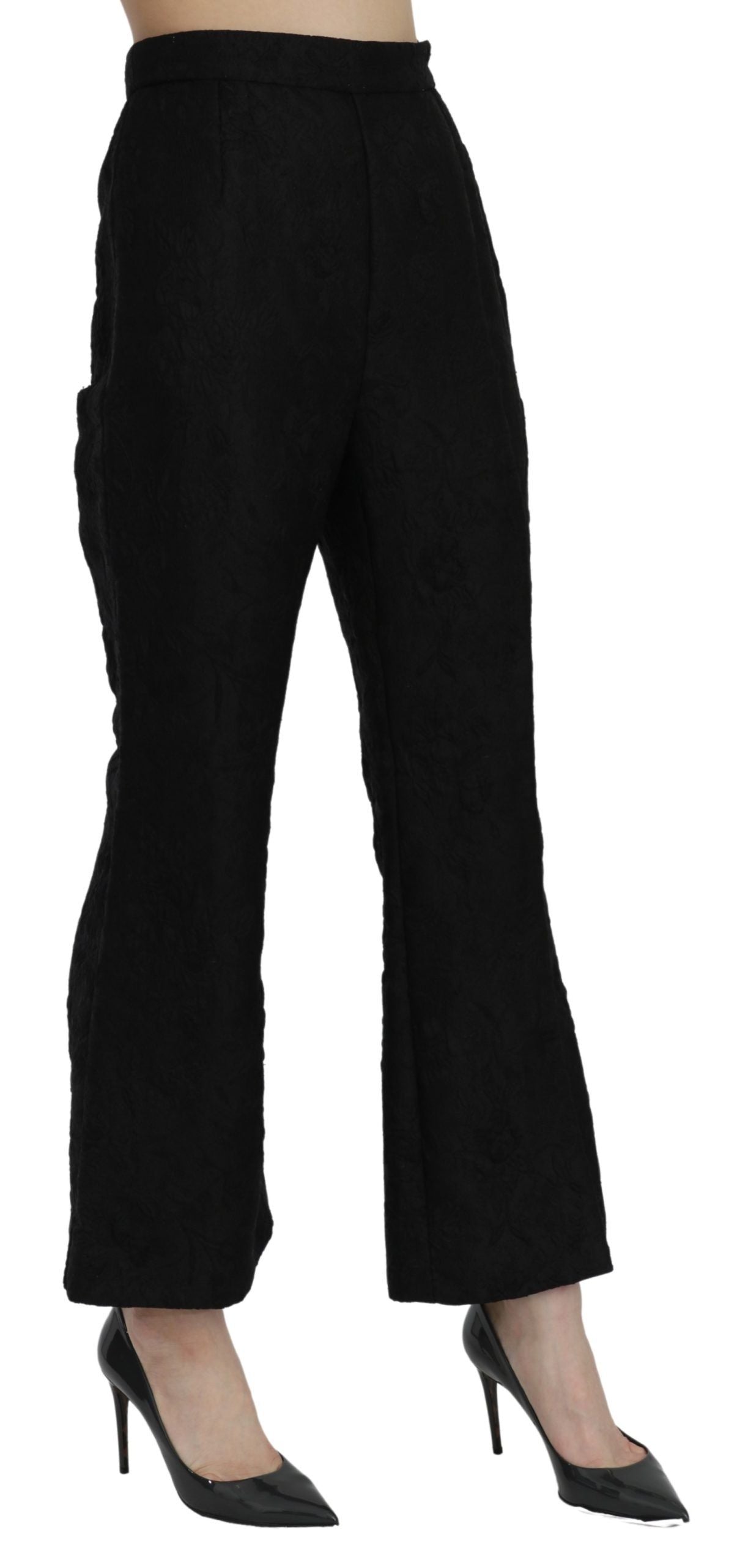 Black High Waist Flared Cropped Brocade Pants