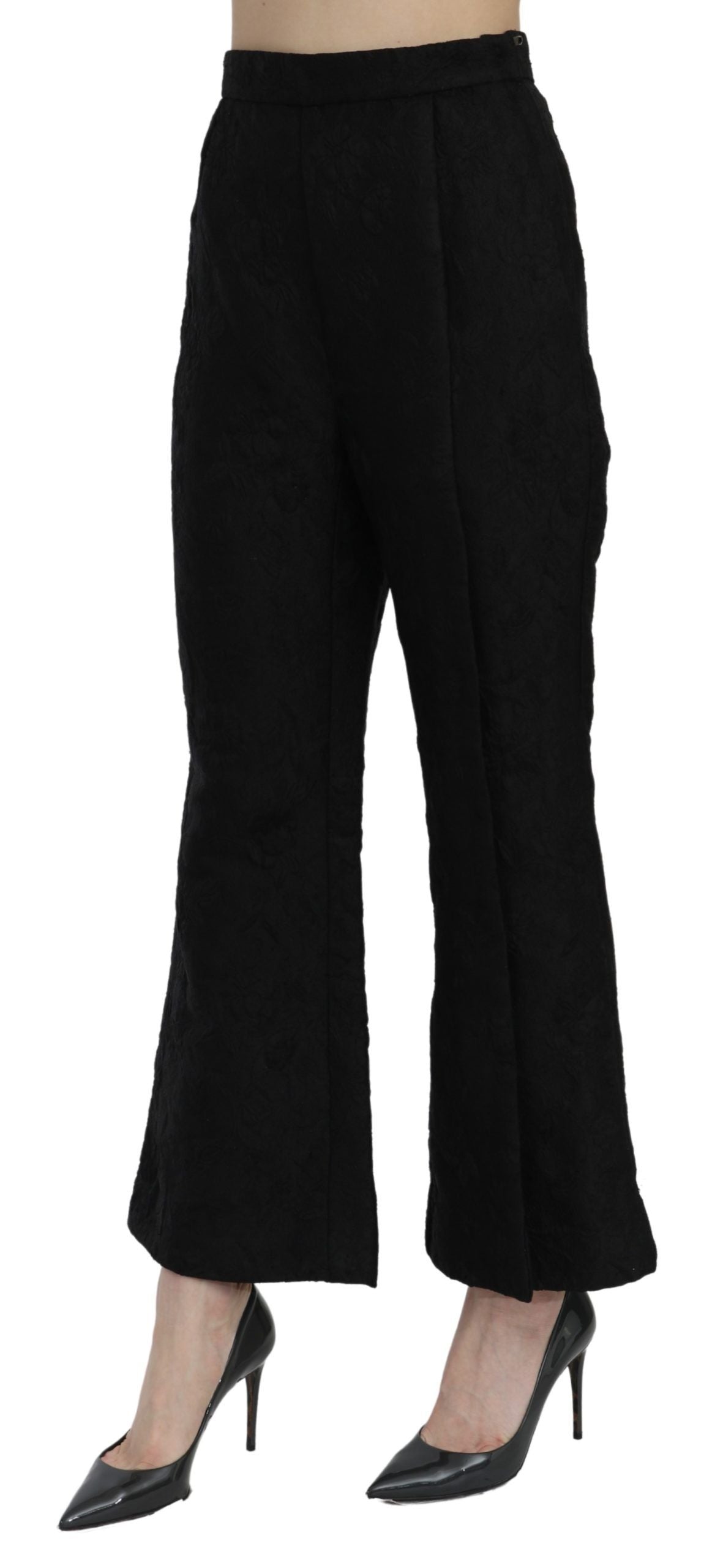 Black High Waist Flared Cropped Brocade Pants