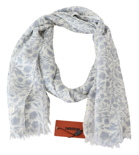 White Blue Floral Wool Knit Neck Wrap Fringe Scarf