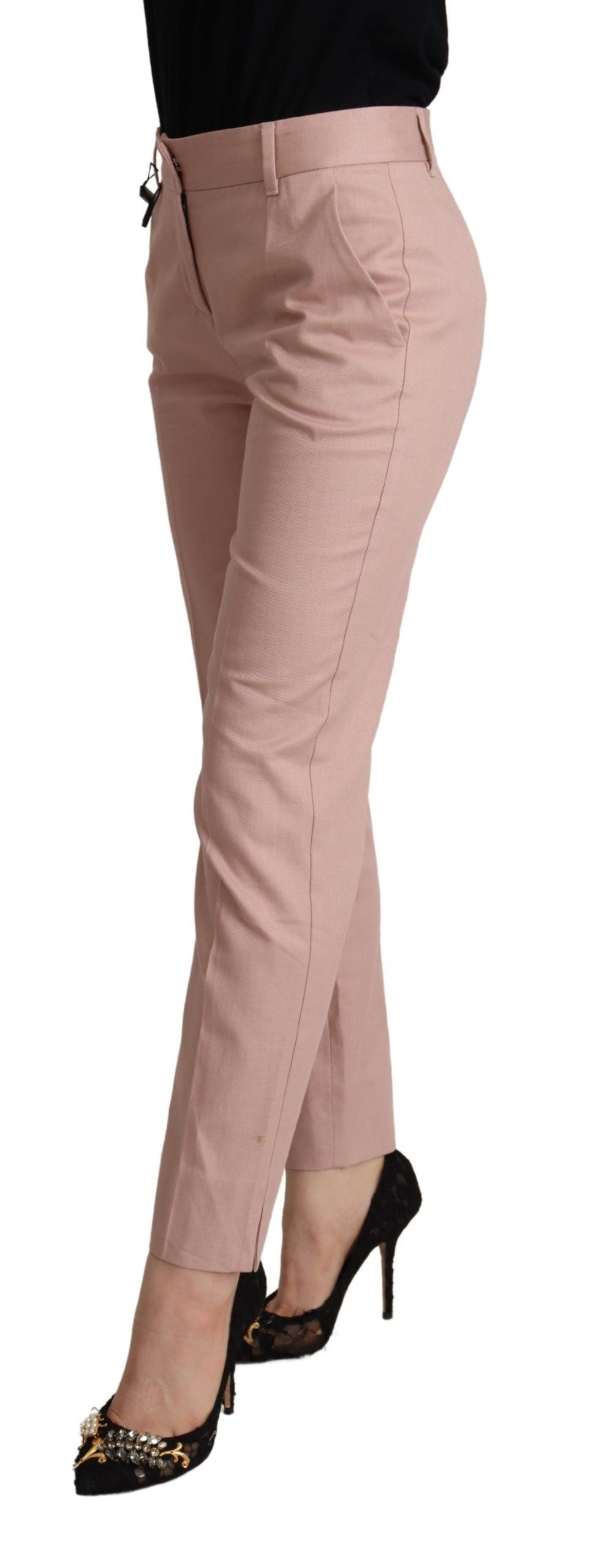 Pink Cotton Mid Waist Trouser Tapered Pants