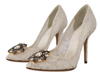 White Taormina Lace Crystal Heels Pumps