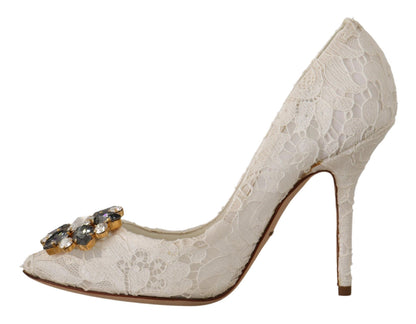 White Taormina Lace Crystal Heels Pumps