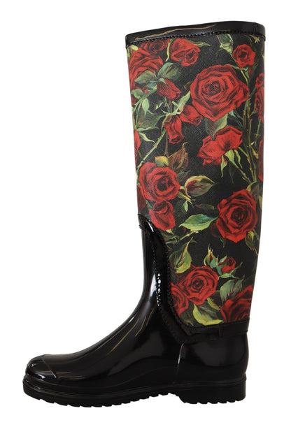 Black Rubber Red Roses Rain Knee High Boots