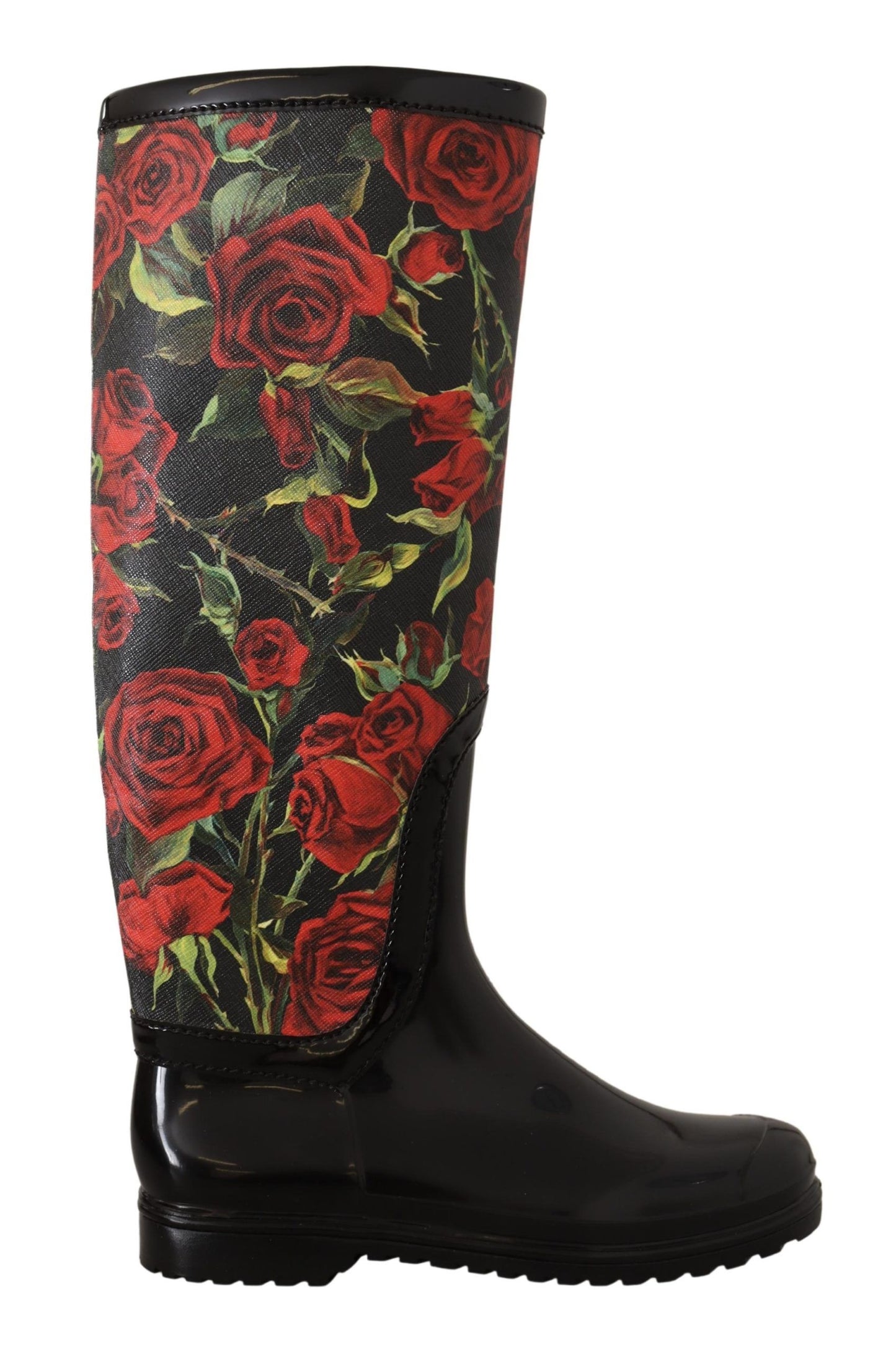 Black Rubber Red Roses Rain Knee High Boots