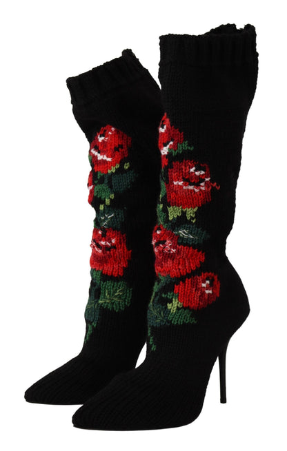 Black Stretch Socks Red Roses Booties Shoes