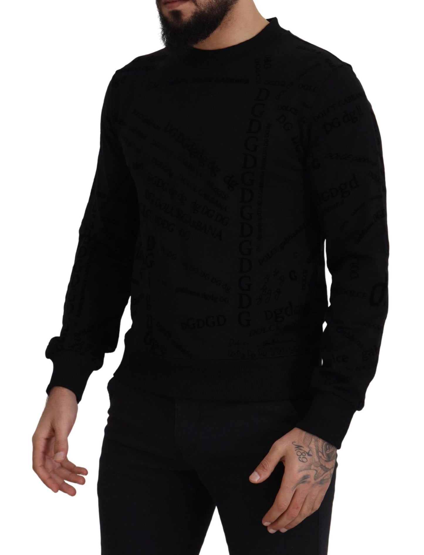 Black Cotton Blend Crewneck Pullover Sweater
