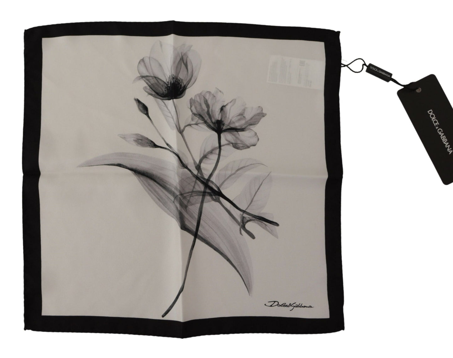 White Floral Black Linen Square Handkerchief Scarf