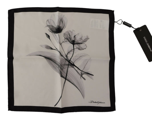 White Floral Black Linen Square Handkerchief Scarf