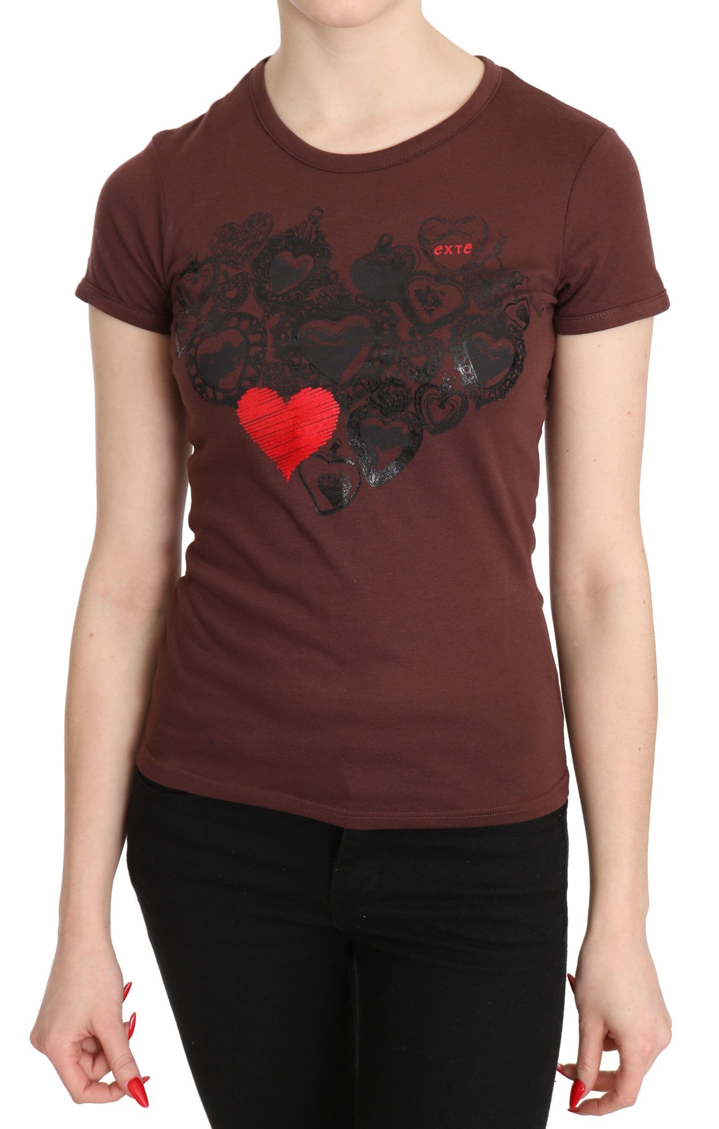 Brown Hearts Printed Round Neck T-shirt Top