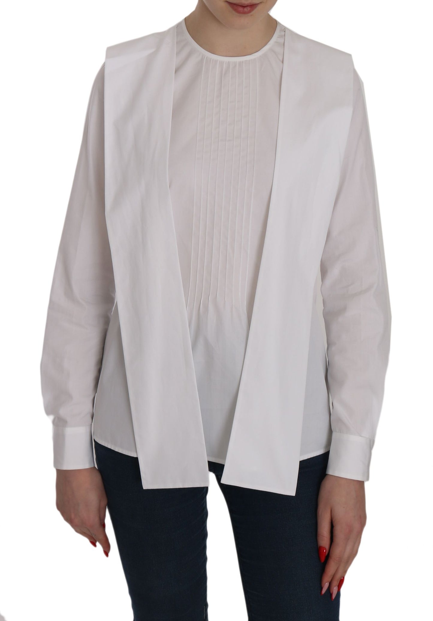 White Crew Neck Long Sleeve Cotton Blouse