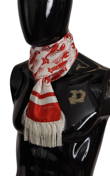 White Red DG Lobster Print Shawl Fringe Scarf