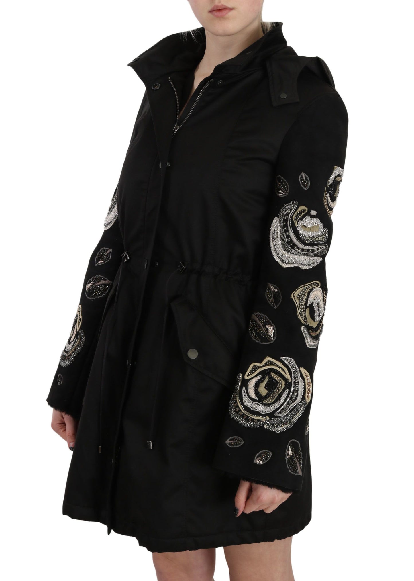 Floral Sequined Beaded Hooded Jacket Coat