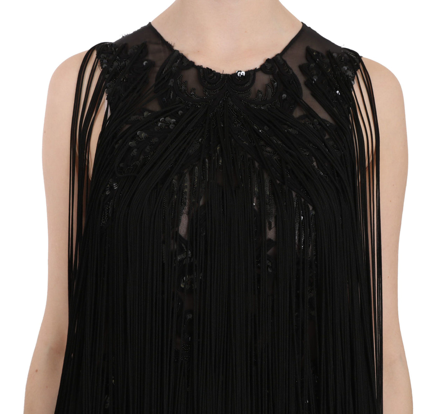 Black Silk Beaded Sequined Sheer Dress