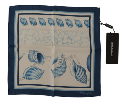 White Blue Shells Print Square Handkerchief Scarf