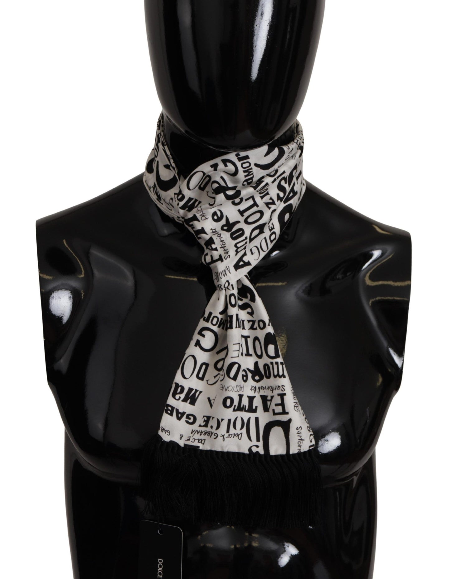 White Silk DG Logo Doodle Pattern Shawl Fringe Scarf
