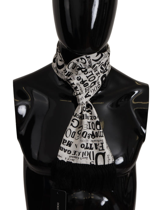 White Silk DG Logo Doodle Pattern Shawl Fringe Scarf