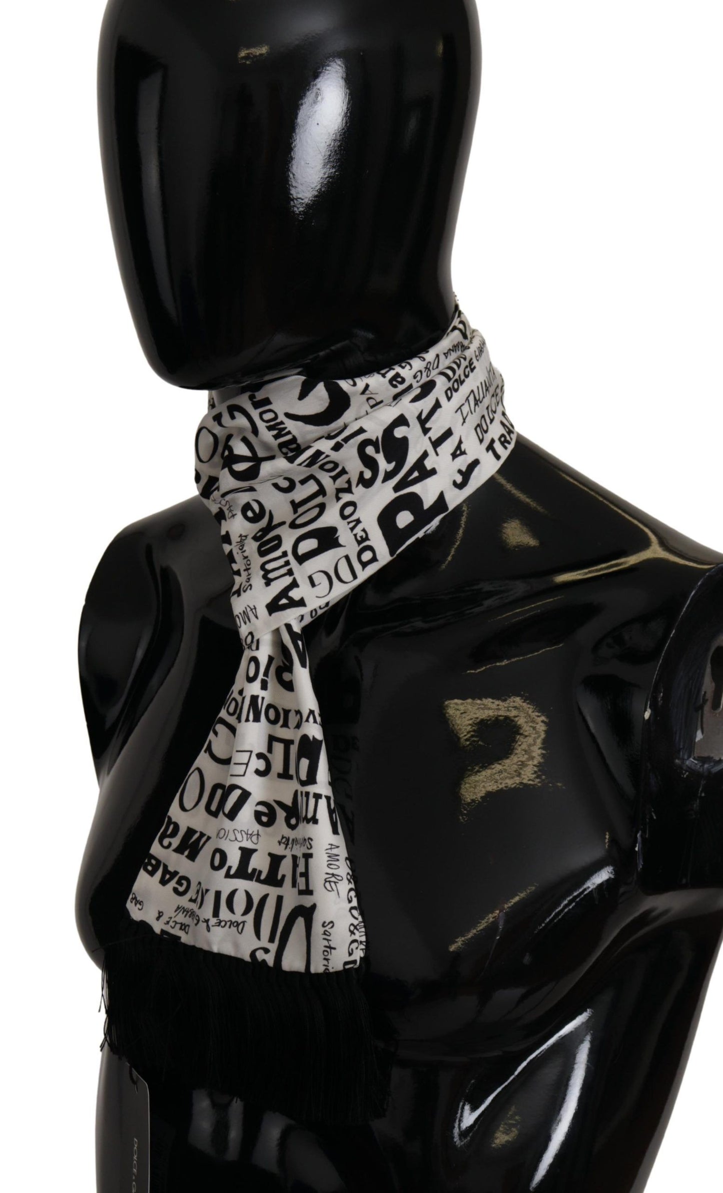 White Silk DG Logo Doodle Pattern Shawl Fringe Scarf