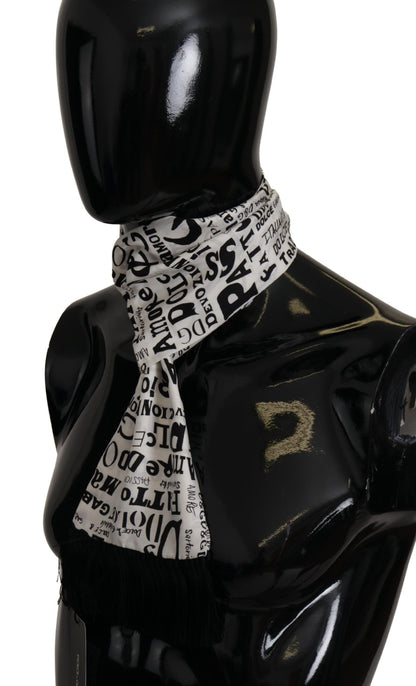 White Silk DG Logo Doodle Pattern Shawl Fringe Scarf