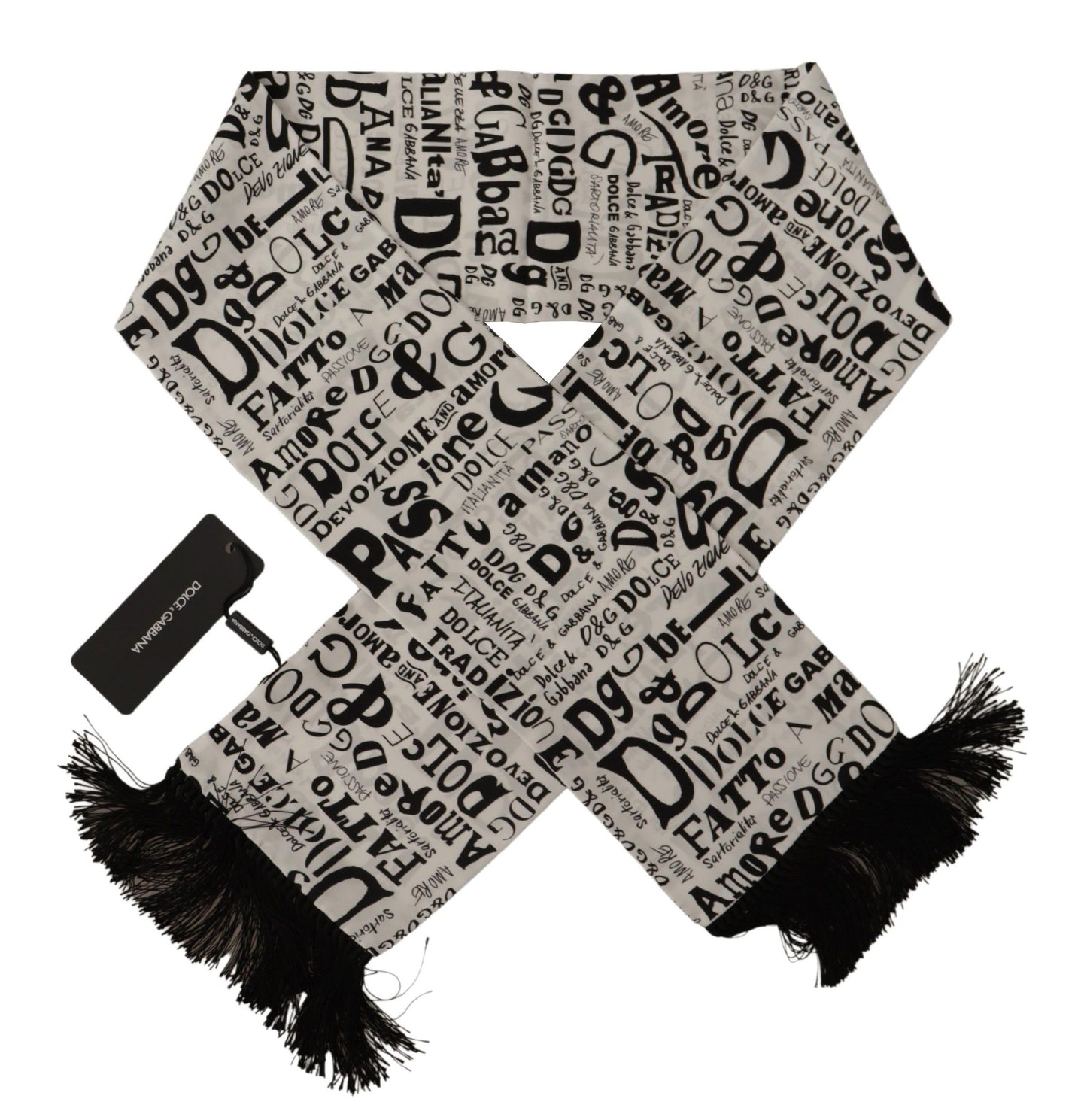 White Silk DG Logo Doodle Pattern Shawl Fringe Scarf